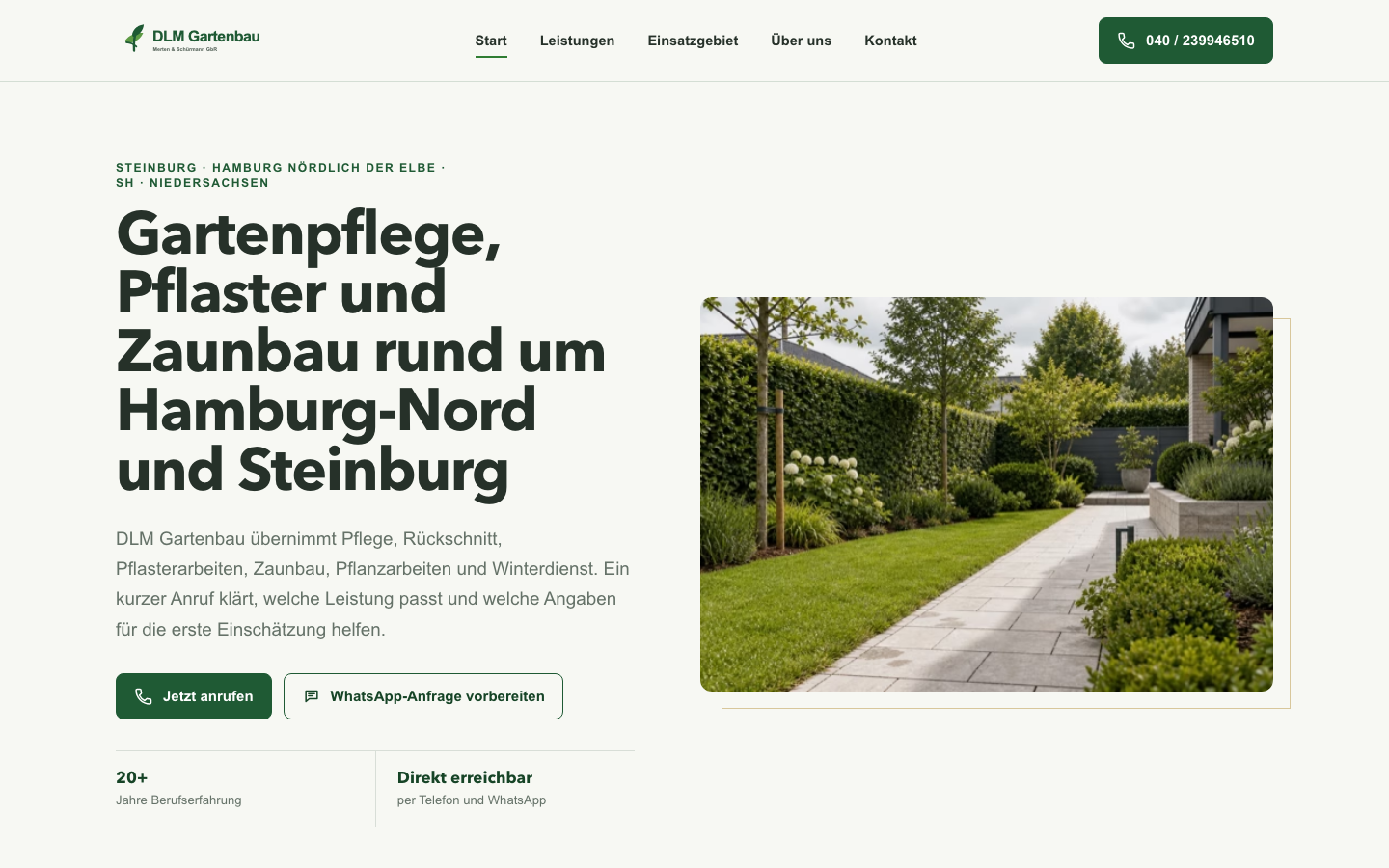 Startseite von DLM Gartenbau mit Gartenmotiv und Leistungsübersicht