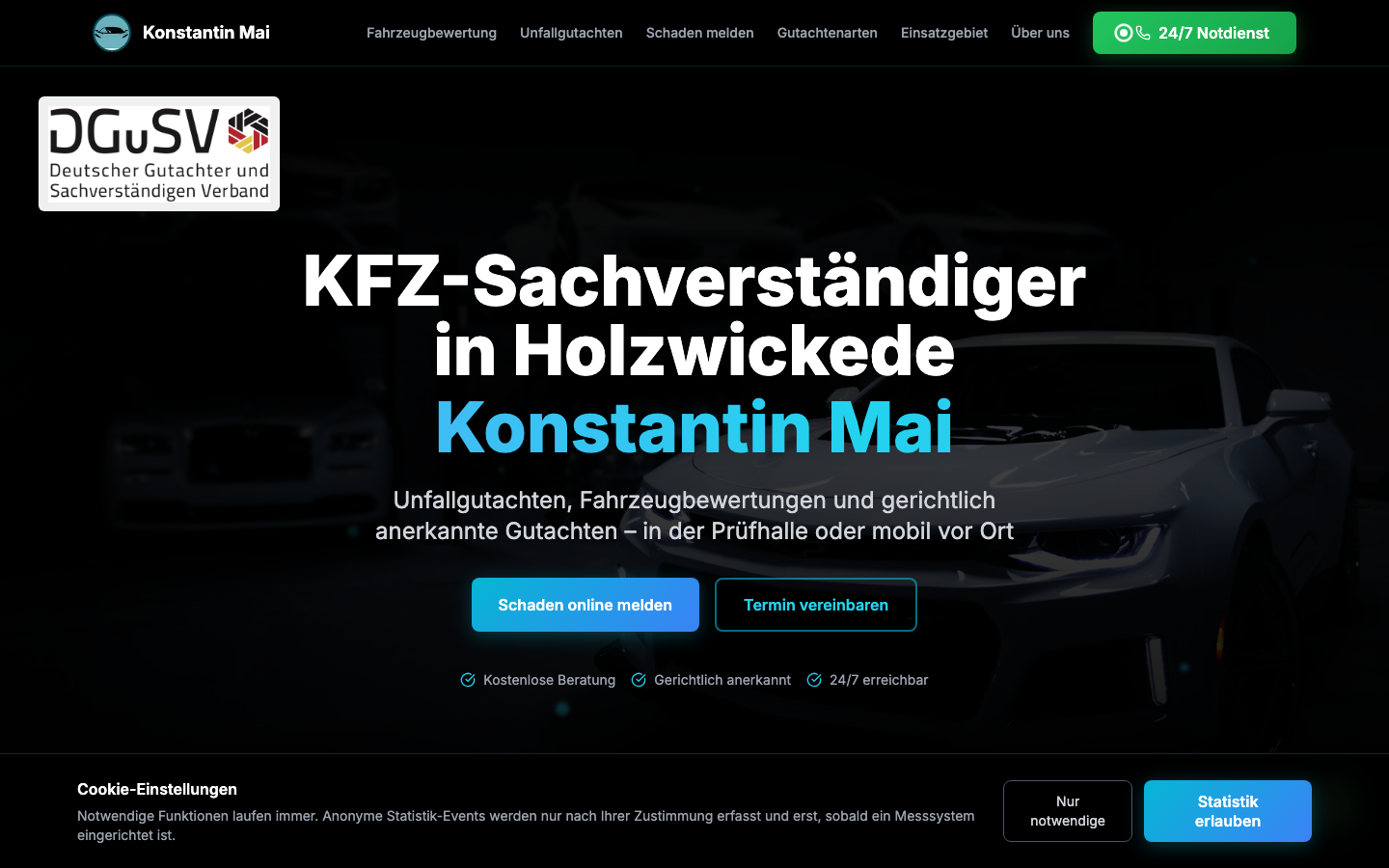 Startseite von MAI KFZ-Sachverständiger mit Fahrzeugmotiv und direktem Kontaktweg